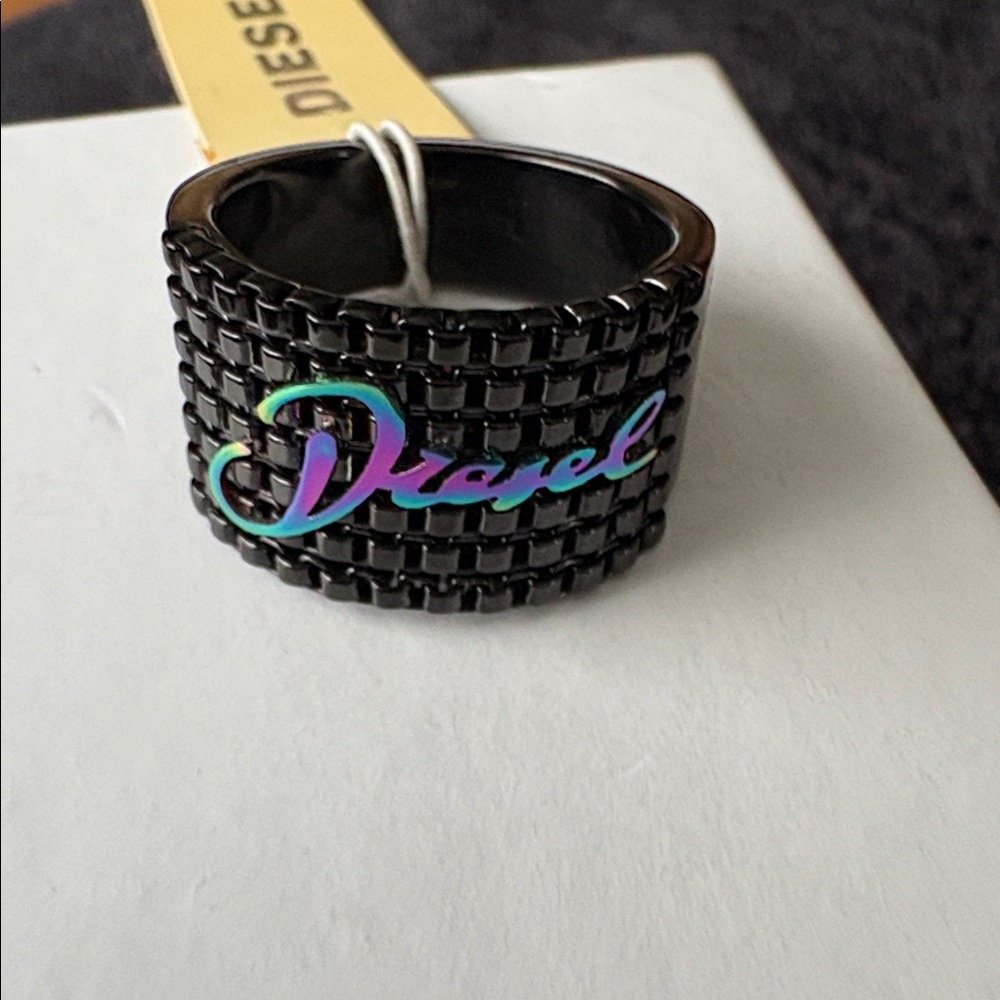Diesel Iridescent Logo Black Chain Ring. 
Steel. 
Brand New, Never Worn.